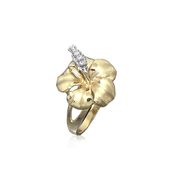 14KT Yellow Gold 15MM Hibiscus Ring with Diamond Stamens