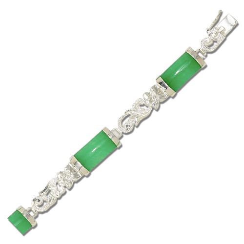 Sterling Silver Hawaiian Plumeria and Scroll with Long Bar Green Jade Bracelet 