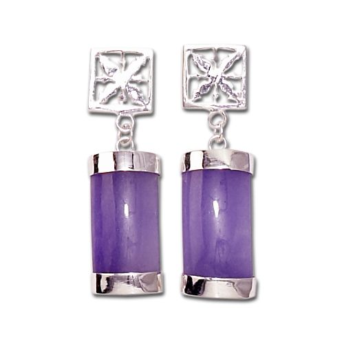 Sterling Silver Hawaiian Pineapple Quilt with Purple Jade Earrings 