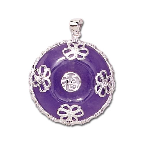 Sterling Silver Chinese Good Fortune Purple Jade Dish Pendant