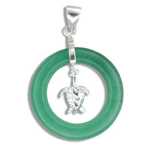 Sterling Silver Dangling Hawaiian Honu in Round Shaped Green Jade Pendant