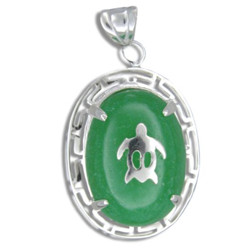 Sterling Silver Hawaiian Honu on Oval Shaped Green Jade Pendant