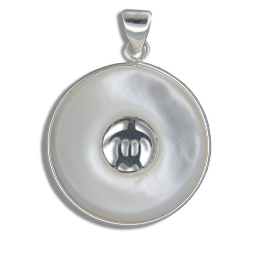 Sterling Silver Hawaiian Honu with Round Shaped MOP (Mother of Pearl Shell) Pendant
