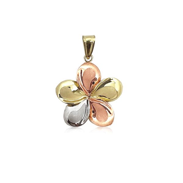 14KT Gold Tri-color 16mm Plumeria Pendant