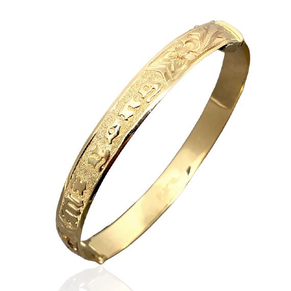 14KT Gold Custom Hawaiian Plumeria and Scroll Design Bangle Bracelet with Box Clasp