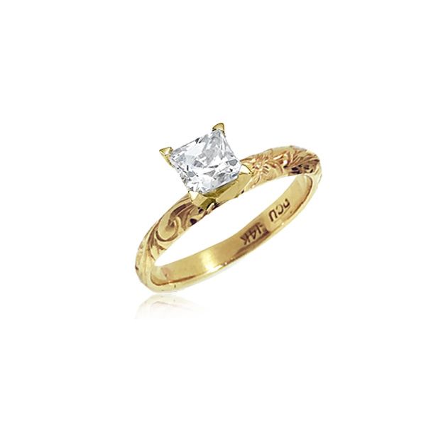 14KT Gold Hawaiian Engagement Ring with Princess Cubic Zirconia
