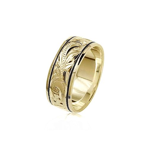 14K Yellow Gold Custom Hawaiian Ring with Scroll Designs and Black Borders