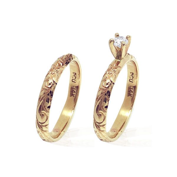 14KT Yellow Gold  Diamond Hawaiian Engagement and Wedding Ring Set