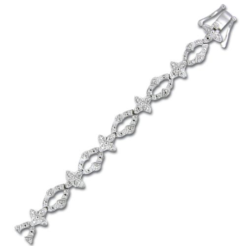 Sterling Silver Clear CZ Flower Link Bracelet 